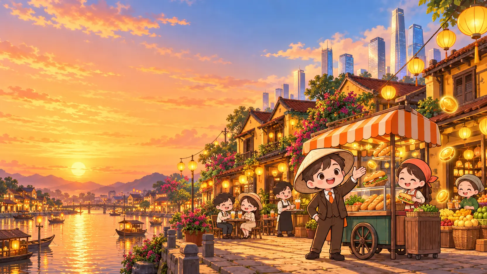 Phố cổ bên sông lúc hoàng hôn, CEO chibi đứng cạnh xe bánh mì